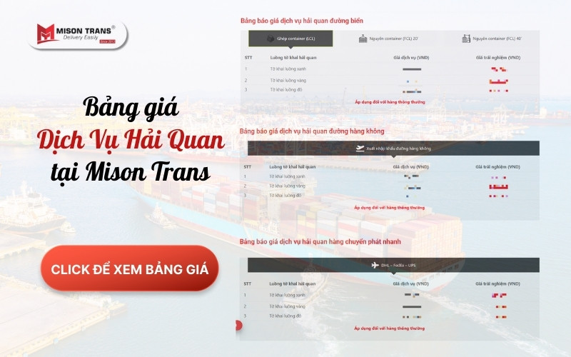 Bảng giá dịch vụ hải quan trọn gói